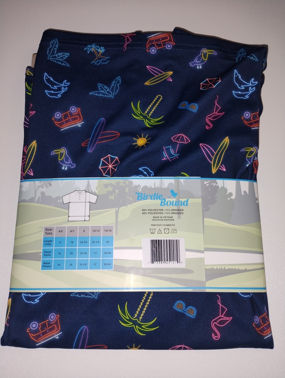 Birdie Bound Kids' Navy Performance Polo  Neon Beach All Over Print New 14/16 - Picture 2 of 3